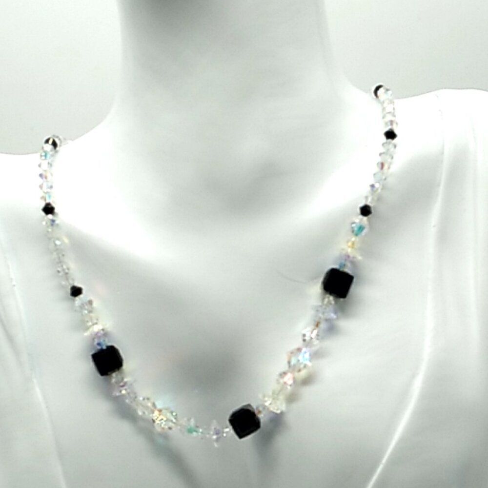 Black and Iridescent Crystal Bead Necklace Silver Plated